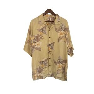 Tommy Bahama Mens Large 100% Silk Floral Jacquard Camp Shirt Tan Gold Tropical